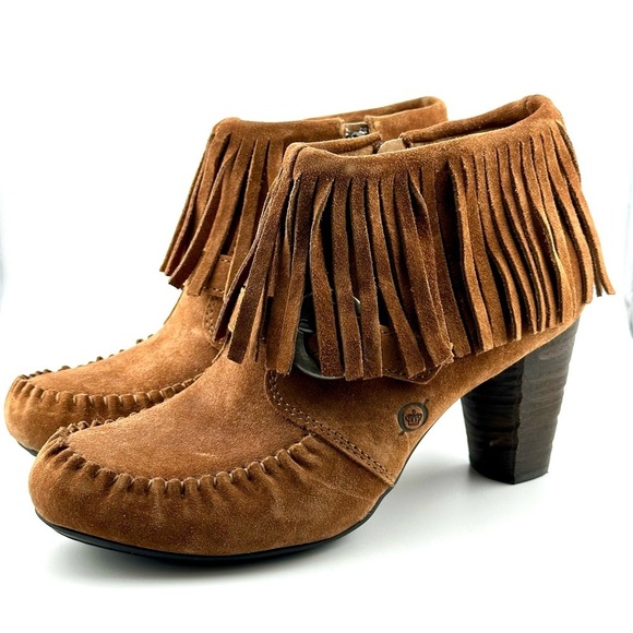 Born Women’s Brown Suede Thora Moccosin Fringed Zip Booties, Size 7 - Picture 2 of 11